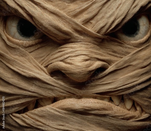 Ancient Guardian: A close-up view of an eerie and menacing mummy's face, meticulously wrapped in aged bandages, conveying an aura of ancient mystery and silent intimidation.