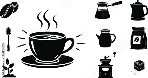 Black coffee elements including cup beans and pot on transparent background silhouette