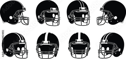 Collection of american football helmets in various views on transparent background silhouette