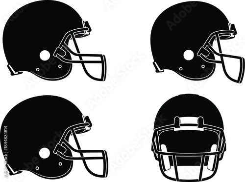 Four black football helmets illustration on transparent background silhouette