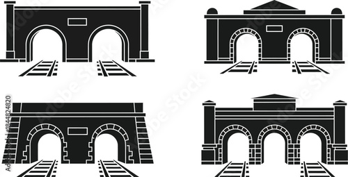 Black arched gate silhouettes with detailed structures on transparent background