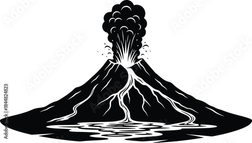 Dramatic volcano eruption illustration with lava flow on transparent background silhouette