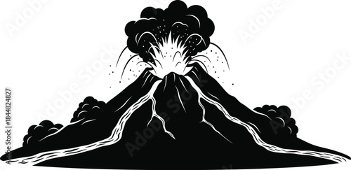 Volcanic eruption with flowing lava dramatic cloud and lightning on transparent background silhouette