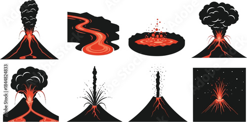 Volcanic eruptions in various styles including a lava flow on transparent background silhouette