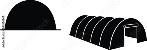 Quonset hut and arched structure illustration on transparent background silhouette