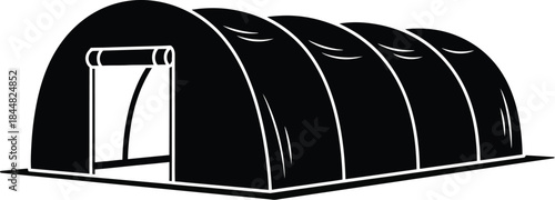 Black quonset hut illustration with an open doorway on transparent background silhouette