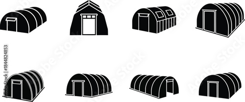 Collection of various warehouse building silhouettes on transparent background