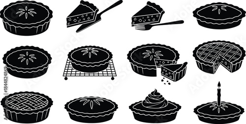 Black silhouette pies and pie slice icons on transparent background