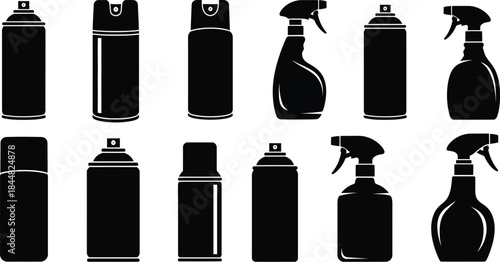 Collection of spray bottles and cans in black silhouette on transparent background