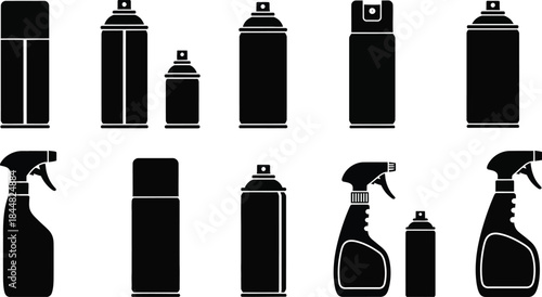 Collection of spray cans and bottles in black silhouette on transparent background