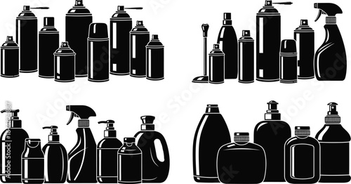 Collection of spray bottles and cleaning products silhouette on transparent background