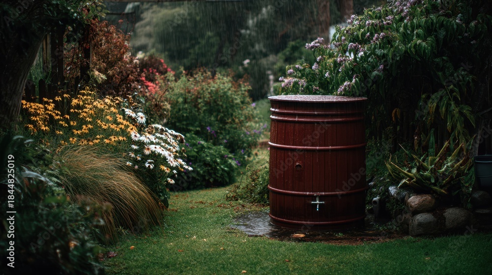 Naklejka premium A wooden rainwater barrel sits in a lush garden as rain falls lightly. Colorful flowers and greenery create a vibrant scene under cloudy skies in the afternoon.