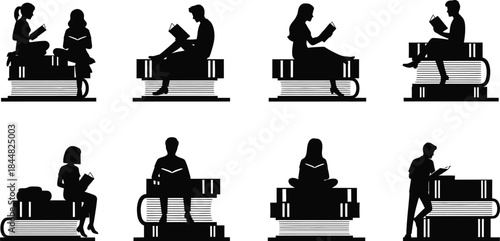 People reading books in various poses a black silhouette on transparent background