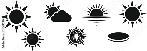 Variety of sun and celestial weather icons on transparent background silhouette