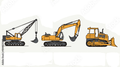 Collection of heavy construction vehicles illustrations: crane excavator, hydraulic excavator, and bulldozer.