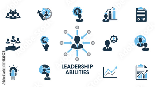 Vector graphic of leadership abilities icon set for business management and strategic development, showing growth.