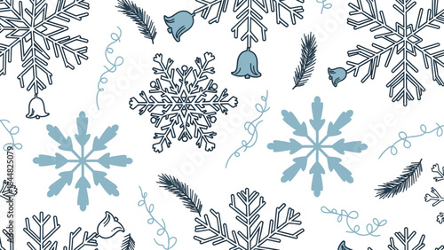 Seamless winter pattern with blue snowflakes, bells, and pine branches on a dark background, creating a festive decorative design.