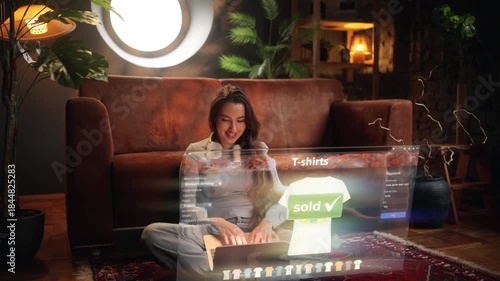 Happy young woman celebrating a successful online purchase at home, using laptop with futuristic virtual shopping interface and sold confirmation, modern ecommerce and digital lifestyle concept