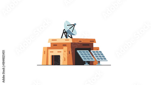 Modern Research Station with Solar Panels and Satellite Dish.