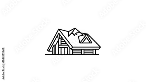 Minimalist Line Art Log Cabin House Icon.