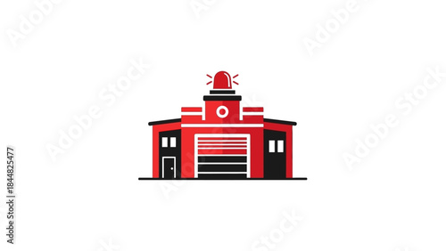 Modern Fire Station Building with Red and Black Exterior and Rolling Door.