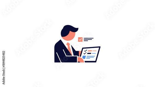 Man in Suit Working on Laptop with Checklist Icon.
