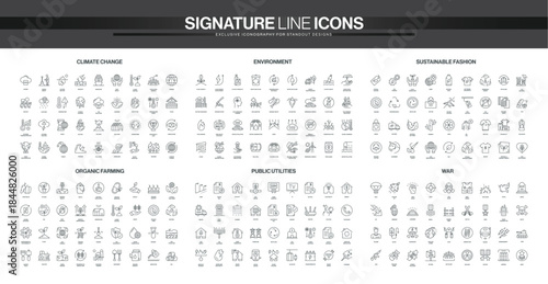 Comprehensive line icon collection covering climate change, environment, sustainable fashion, organic farming, public utilities, and war topics, detailed and modern isolated vector illustration
