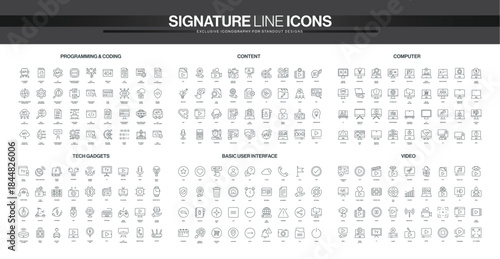Modern line icons collection covers programming, digital content, computers, tech gadgets, user interface, and video technology, suitable for digital design projects isolated vector illustration