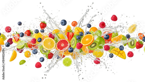 Fototapeta Naklejka Na Ścianę i Meble -  Assorted fresh fruits and slices splashing in water on white background with dynamic motion