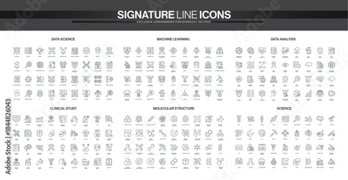 Comprehensive line icon collection covers data science, machine learning, data analysis, clinical study, molecular structure, and science concepts isolated vector illustration