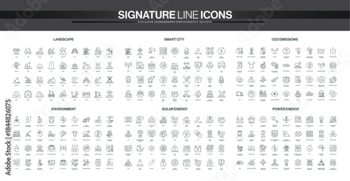 Collection of thin line icons showing landscape, smart city, CO2 emissions, environment, solar and power energy concepts, clean technology, sustainability isolated vector illustration