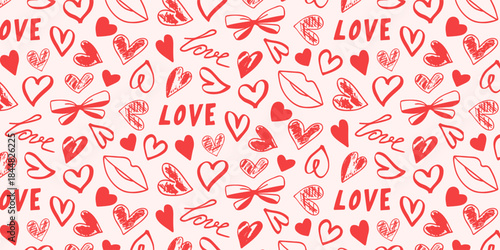 Red hearts, lips, a bow, and the word love in doodle style, a seamless pattern for Valentine's Day.