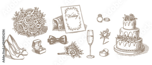 Hand drawn vintage wedding celebration essential icon set with flowers, rings, accessories, cake and invitation. Engraving doodle bachelorette  Vector illustration for greeting card, banner, poster