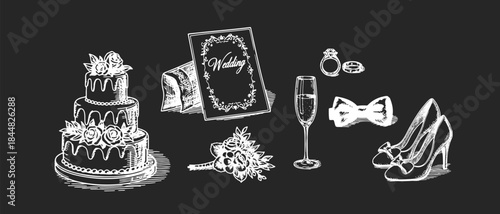 Chalk hand drawing wedding stuff set with cake, invitation, engagement ring, glass of champagne, bow tie, bridal shoe. doodle bachelorette мector illustration