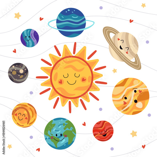 Vector illustration of the solar system with cute smiling planets and sun. Educational space in a playful author style. Design for kids learning materials, posters, stickers, fabric print