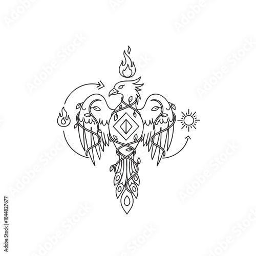 Esoteric Vector Illustration of an Ornamental Bird with Open Wings, Featuring Celestial Symbols and Elements of Fire and Sacred Geometry.