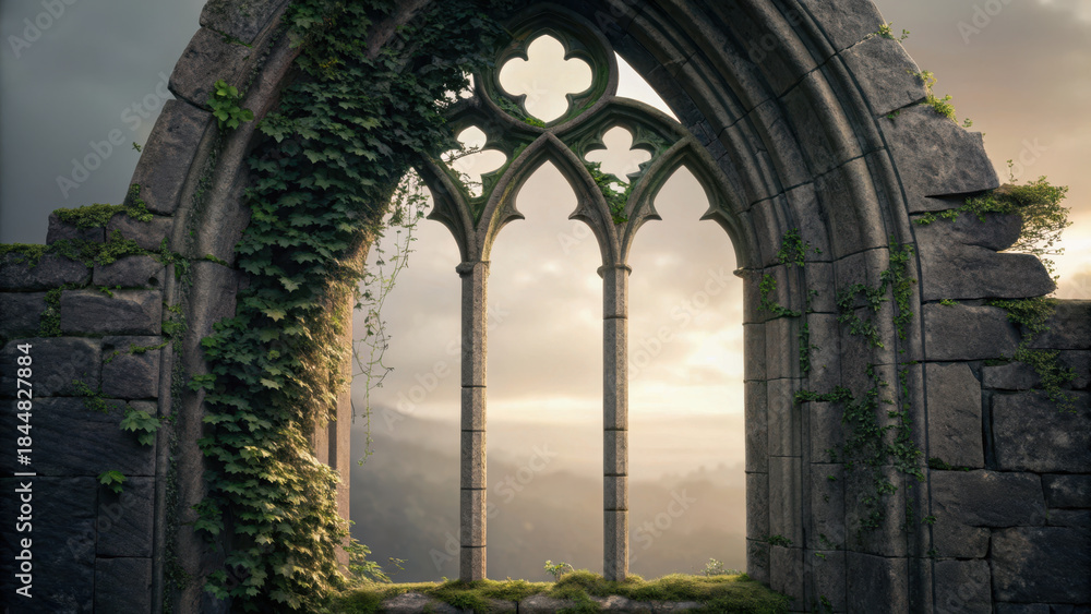 Fototapeta premium Ancient ruins concept art. Gothic cathedral window arch with ivy and moss, serene landscape view