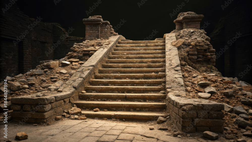 Fototapeta premium Ancient ruins concept art. Ancient stone staircase leads to darkness, surrounded by crumbling ruins and scattered debris. Mysterious atmosphere
