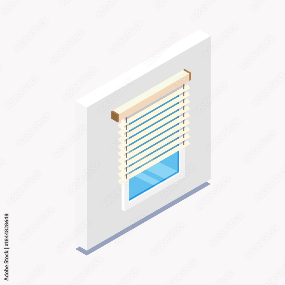 Fototapeta premium Isometric window icon with horizontal blinds. Vector illustration of venetian shades on a blue glass window. Interior design, home decoration, and office privacy concept.
