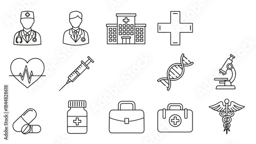 Set of medical and healthcare line icons doctor, hospital, first aid, dna, microscope, pills, syringe, and caduceus