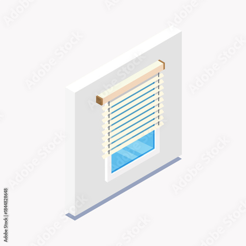 Isometric window icon with horizontal blinds. Vector illustration of venetian shades on a blue glass window. Interior design, home decoration, and office privacy concept.