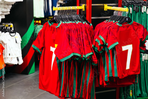 Red and green sports jerseys with number seven displayed on hangers in a retail store, showcasing vibrant colors and athletic apparel for fans and players