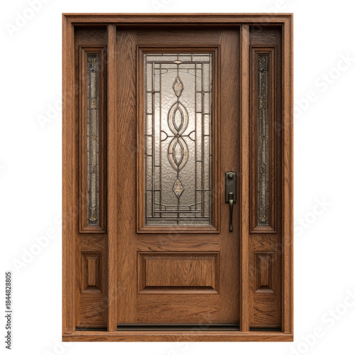 Ornate, wooden front door with beveled glass sidelights and panel