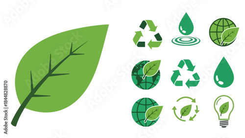 Set of green ecology and environment icons leaf, recycle symbols, water drops, and earth globes