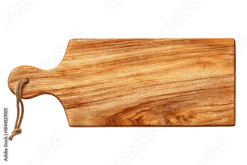 Rectangular wooden cutting board with handle and twine