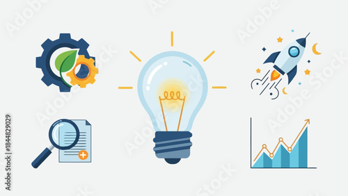 Business idea innovation strategy growth rocket gear magnifying glass chart concept flat illustration