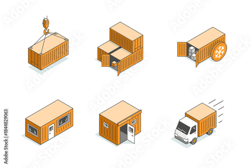 Isometric shipping container icons set. Vector illustrations of freight truck, cargo crane, refrigerated storage, and portable office cabin for logistics and transport concepts.