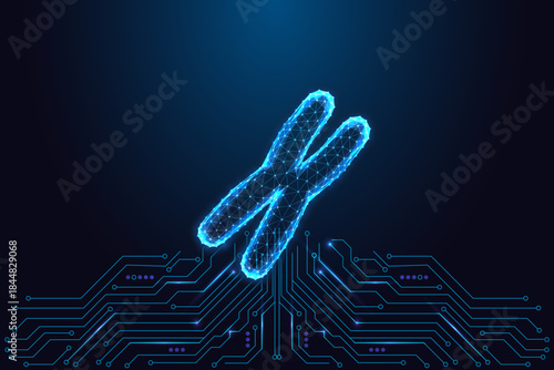Glowing digital chromosome on circuit board, futuristic genetics and biotech vector illustration