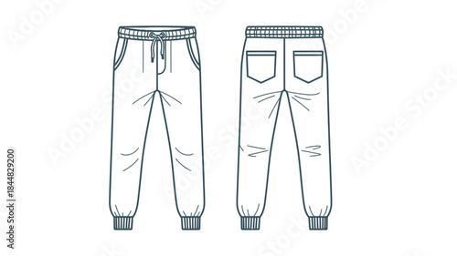Technical illustration of casual drawstring joggers front and back views design sketch