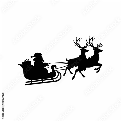 vector silhouette of santa claus riding reindeer sleigh on white background